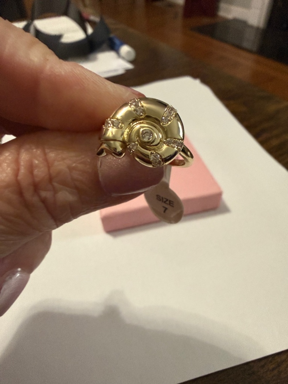 Gold Floral Spiral Ring with Clear Accents - Size 7